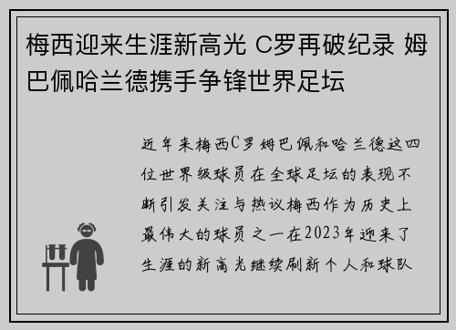 梅西迎来生涯新高光 C罗再破纪录 姆巴佩哈兰德携手争锋世界足坛